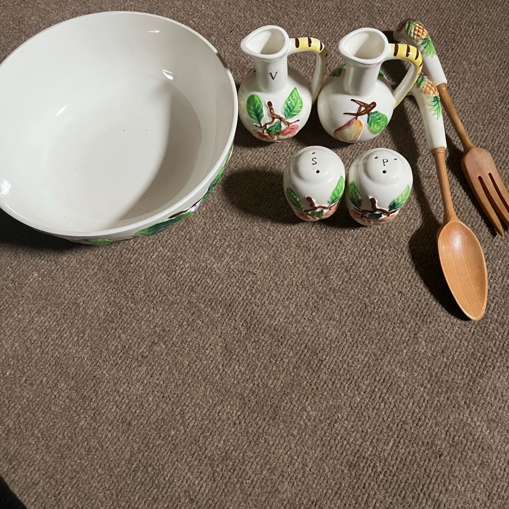 White Ceramic Salad Set with Green Leaf & Brown Fruit Motif